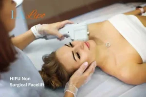 Woman having Hi-Fu to reduce wrinkles Chessington.