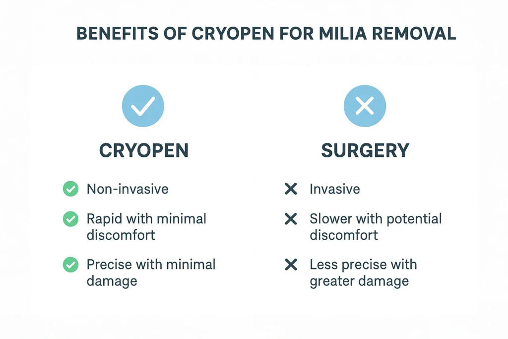 Benefits of cryopen for milia removal Chessington compared to surgical treatments.