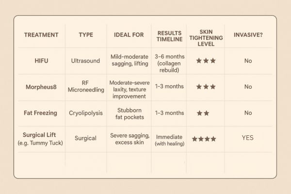 Table showing the comparisons of Skin tightening Chessington treatment options.